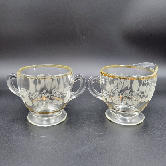 Vintage Cream And Sugar Set Clear Glass Frosted Fruit Gold Serving Kitchen Read - Picture 1 of 9